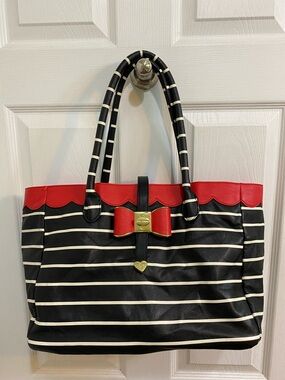 Betsey Johnson Black White Striped Tote Red Bow Handbag Handle Rose Floral Lined